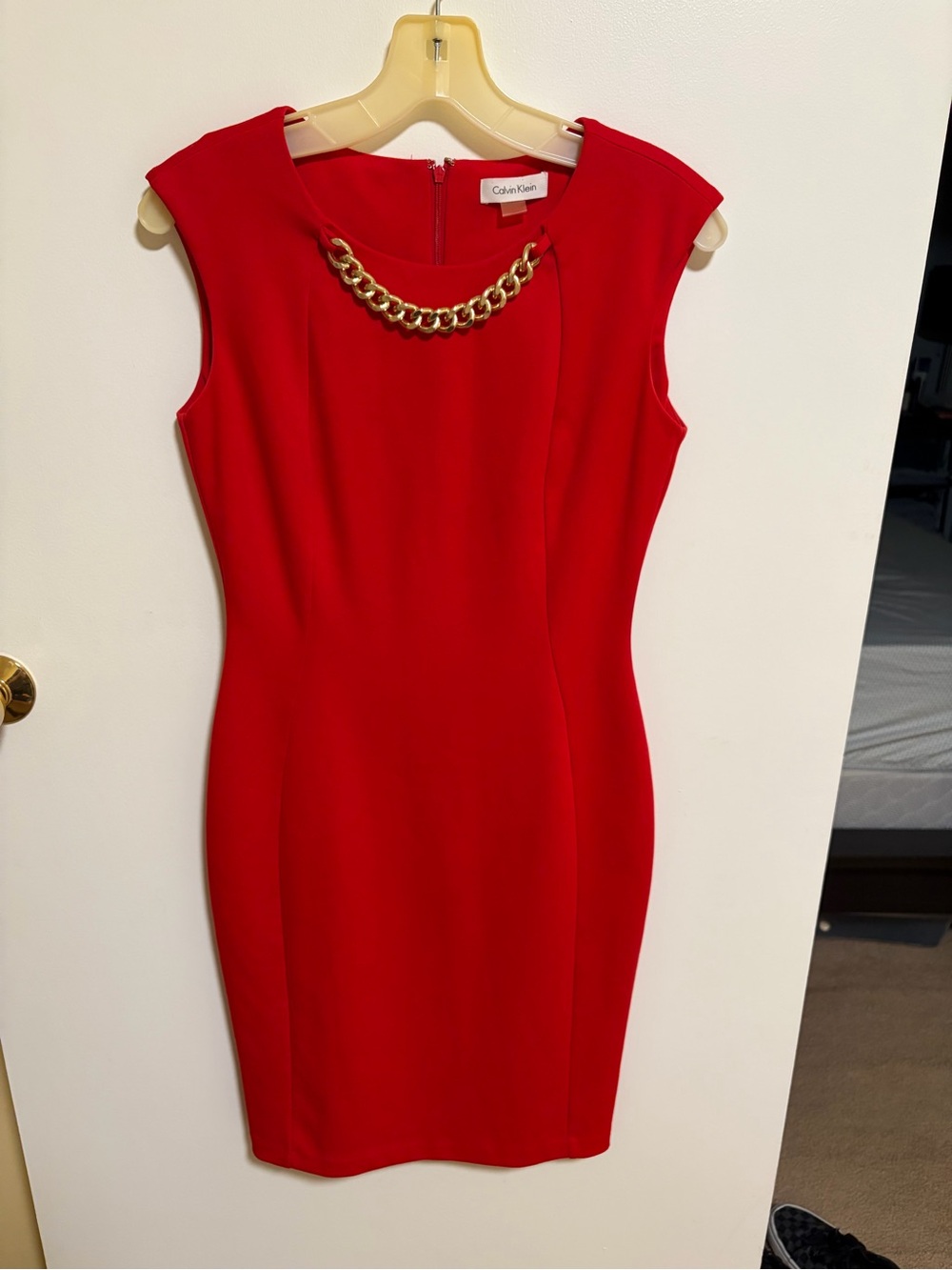 Calvin Klein Red Sleeveless Sheath Dress with Gold Chain